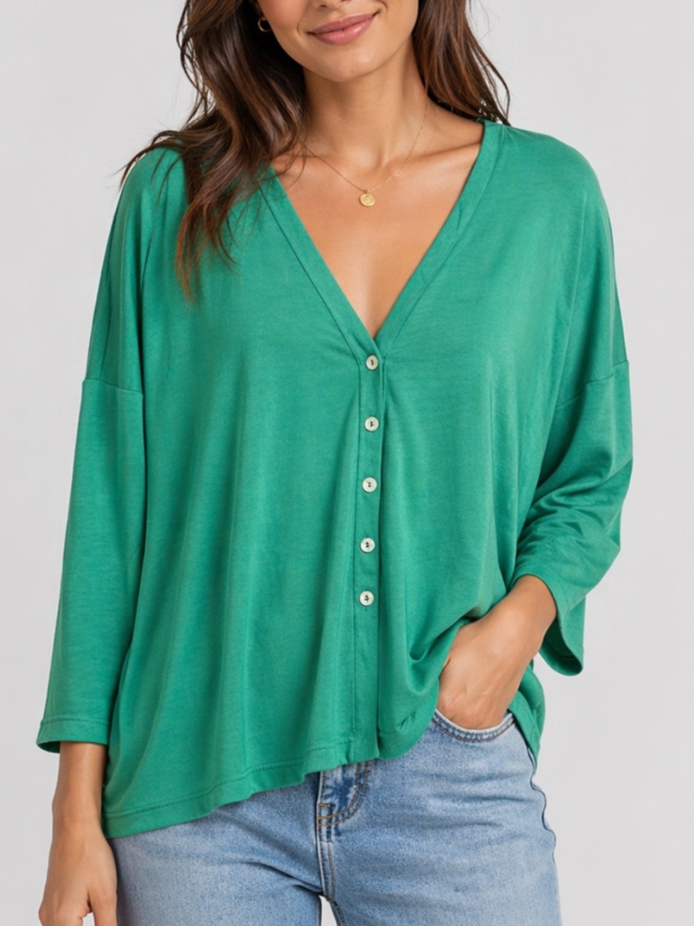 Alembika Button Top Long Sleeve Cardigan in Emerald Green
